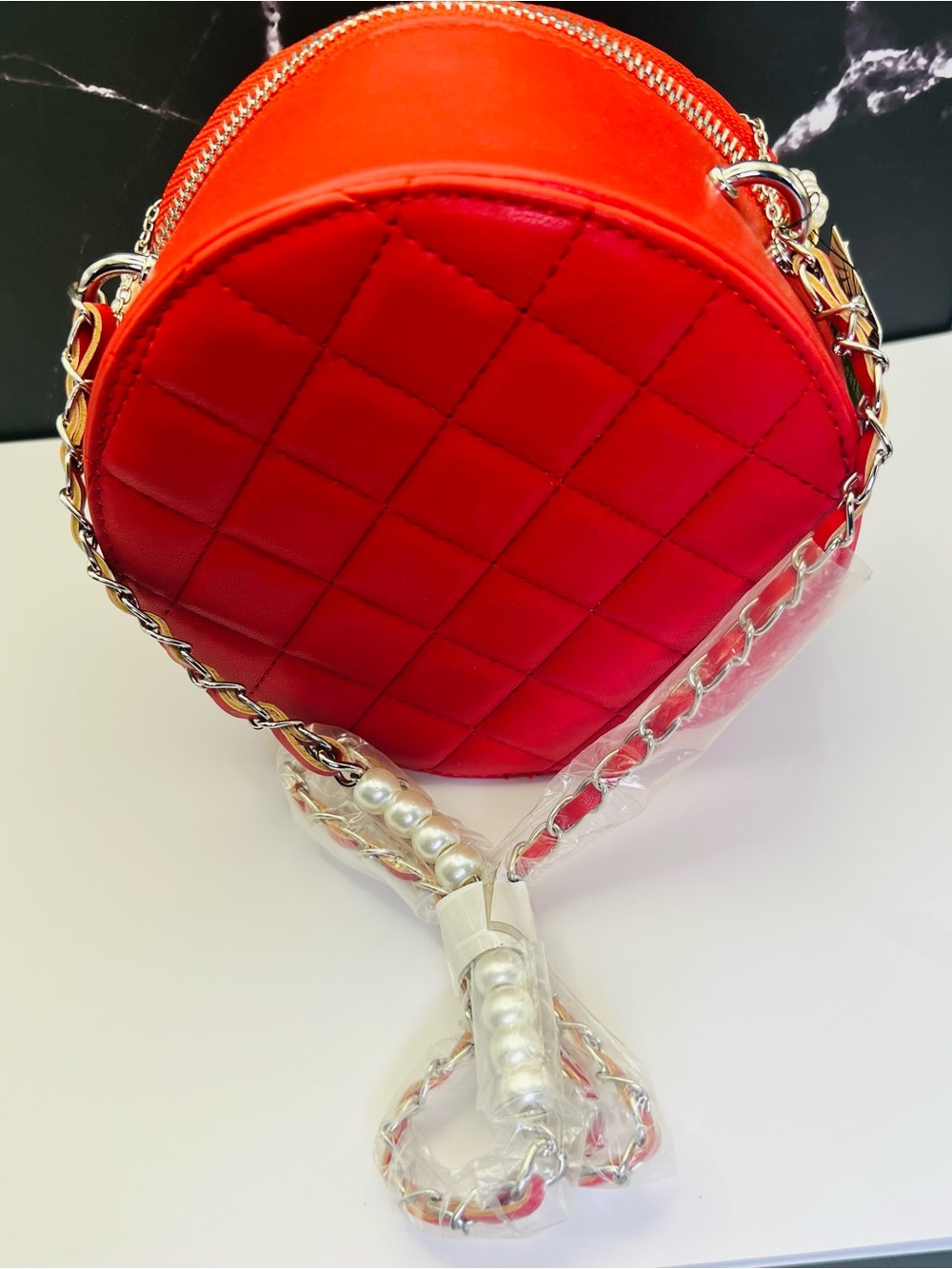 Badgley Mischka Diamond Quilted Round Crossbody Bag in red & silver w/pearls NWT - Picture 2 of 6